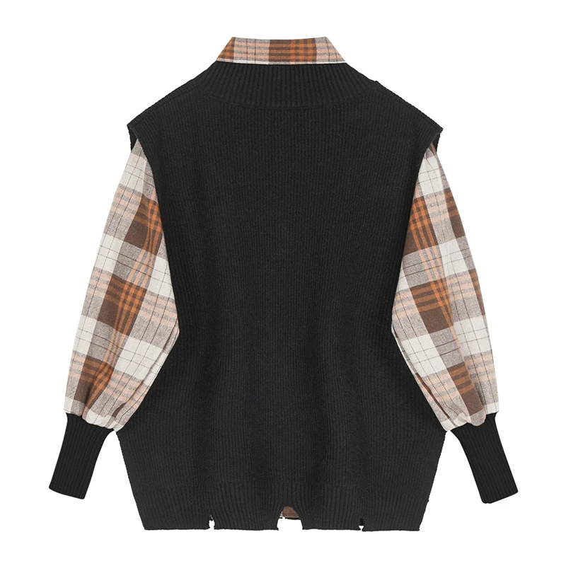 Клетчатая рубашка с длинным рукавом и черный жилет женский свободный комплект из