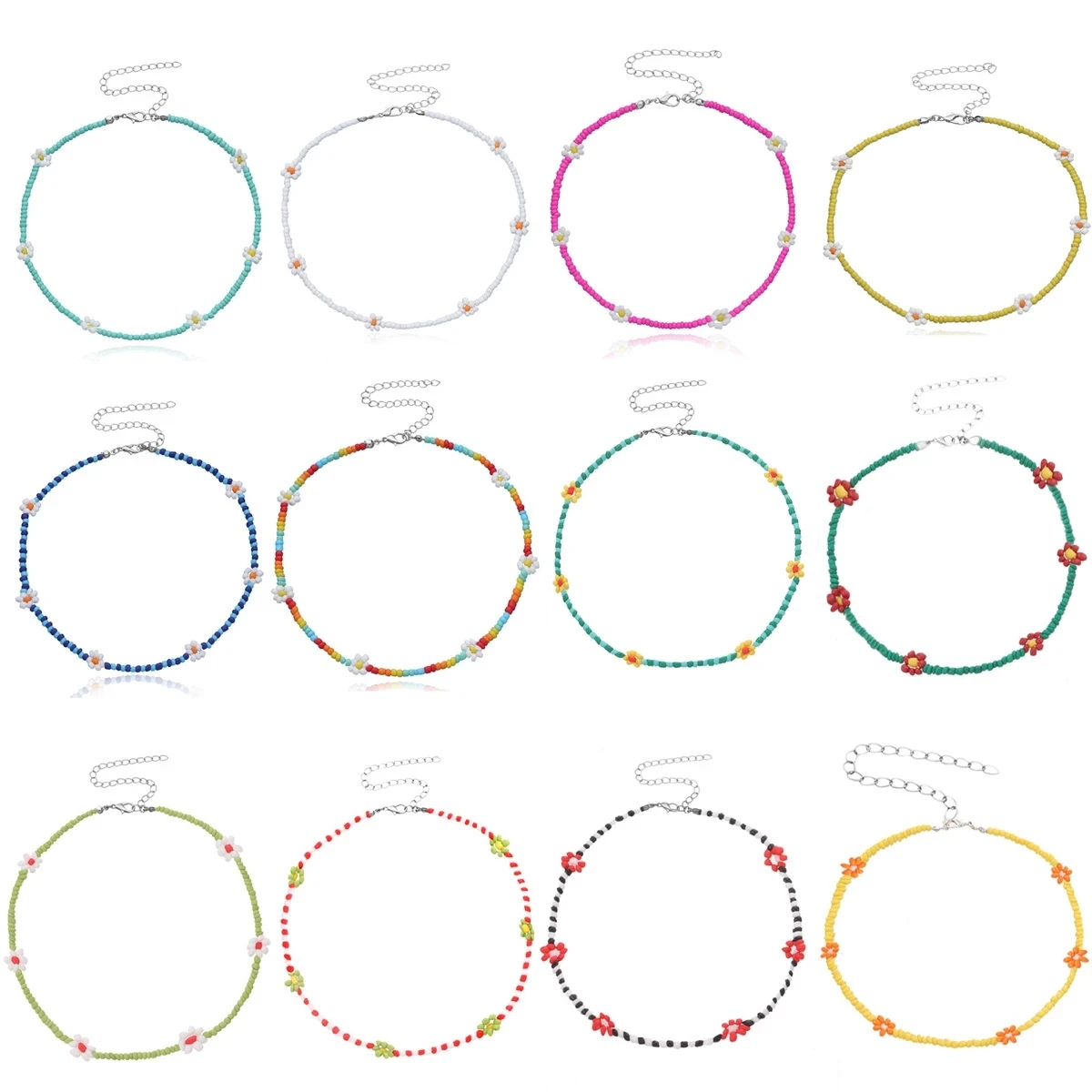 

New Handmade Bohemian Bead Daisy Flower Choker Necklace Korea Colorful Little Acrylic Bead Short Clavicle Collar For Women Girls