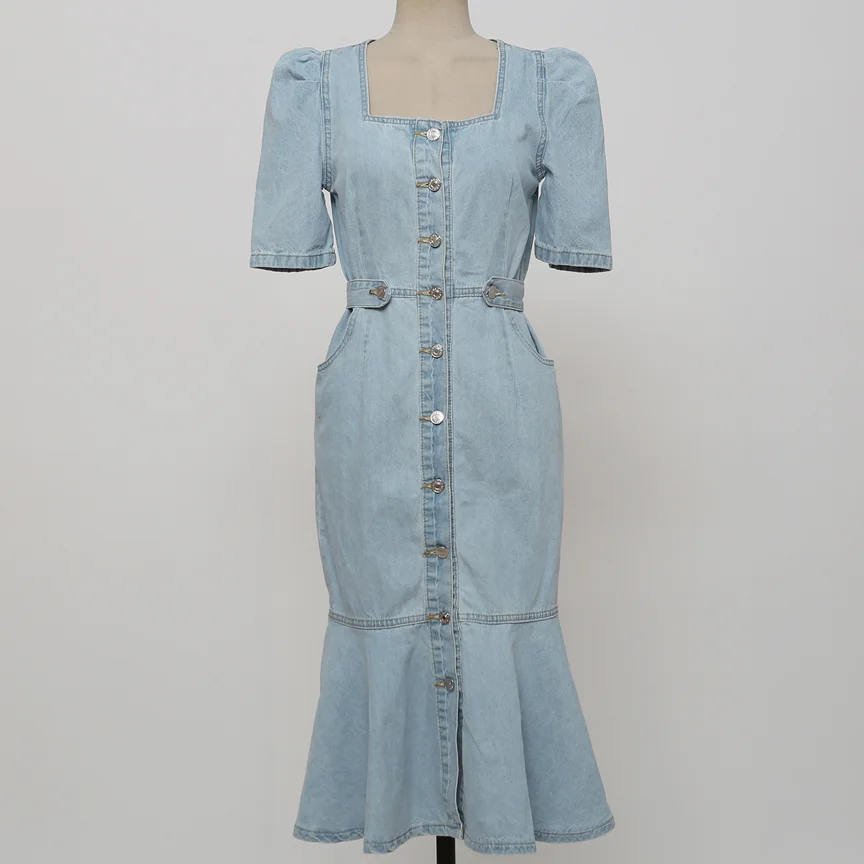 

Женское джинсовое платье-русалка, винтажное облегающее платье с квадратным вырезом, облегающее платье-годе, лето 2022