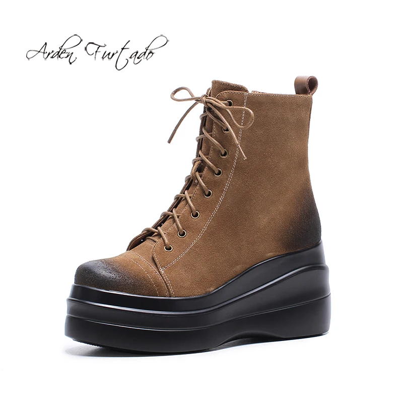 

Arden Furtado 2021 Autumn Winter Fashion Round toe Waterproof platform Slip-On Casual Cow Down Wedges Ankle boots