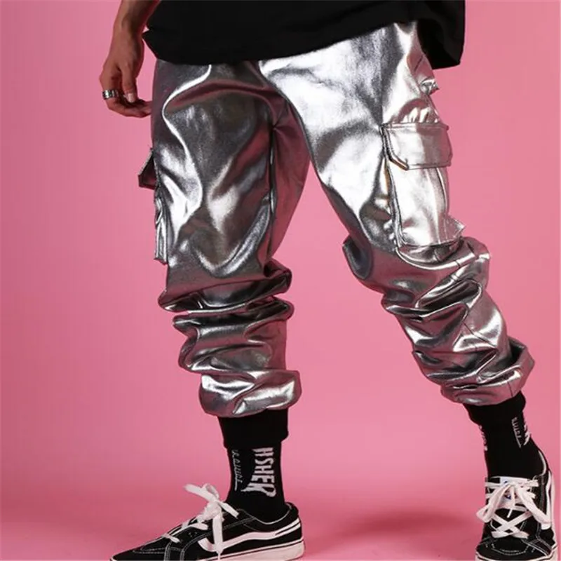 Мужские повседневные кожаные шаровары уличные Серебристые брюки-карго с