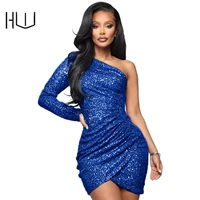 sequined one shoulder slim sexy bling dress oblique shoulder long sleeve mini ruffle crystal vestidos party birthday outfits