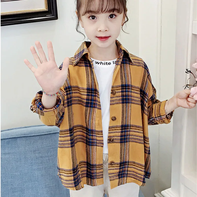 Детские рубашки в клетку желтого и фиолетового цвета Топы для маленьких девочек