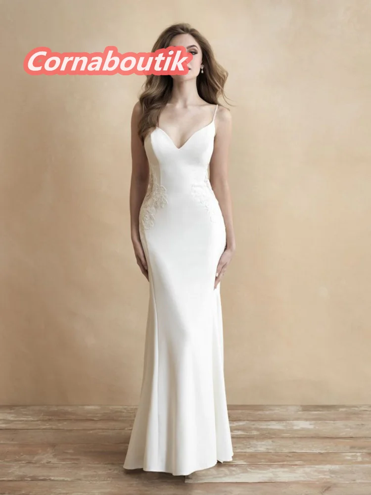 

Sheath Wedding Dress COR-189 Robe De Mariage Sweetheart Backless Spaghetti Straps Crepe Low Back Bridal Gowns Lace Appliques