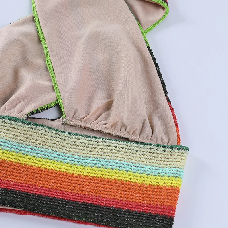 

2021 Summer Knitted Camisole Tank Top Women Striped Rainbow Halter Sleeveless Sexy Skinny Cross Cropped Tee Shirt Femme Woman