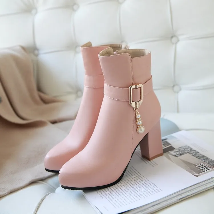 

GOXPACER Spring Autumn Boots Women Square Heel Shoes Women String Bead Casual Boots Fashion Round Toe Metal Buckle Free Shipping