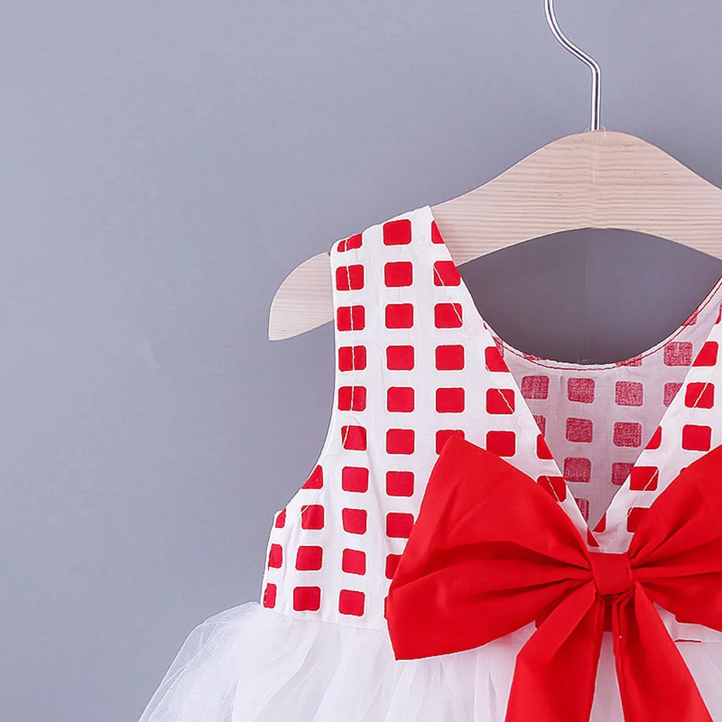 Детское летнее платье принцессы клетчатое с бантом без рукавов модель t5