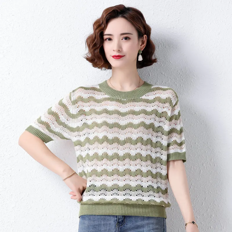 

Summer Women Striped Blouses Black Blue Green Wave Scalloped Pattern Round Neck Short Sleeve Tricot Top M L XL Braided Garment
