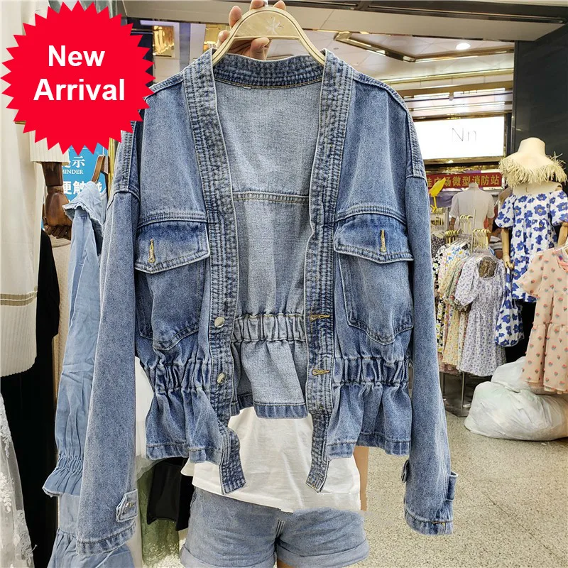 

Denim Jacket Woman Spring and Autumn New Short Jeans Coat Pleated Waist All-match Fashion Denim Jackets Women's Coats