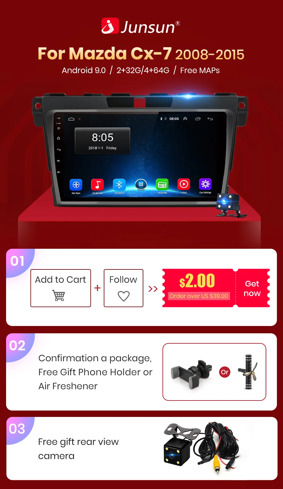 Junsun Android 9,1 для Mazda Cx-7 cx7 2008- Авто 2 Din Радио стерео плеер Bluetooth 2G+ 32G gps навигация без DVD слот