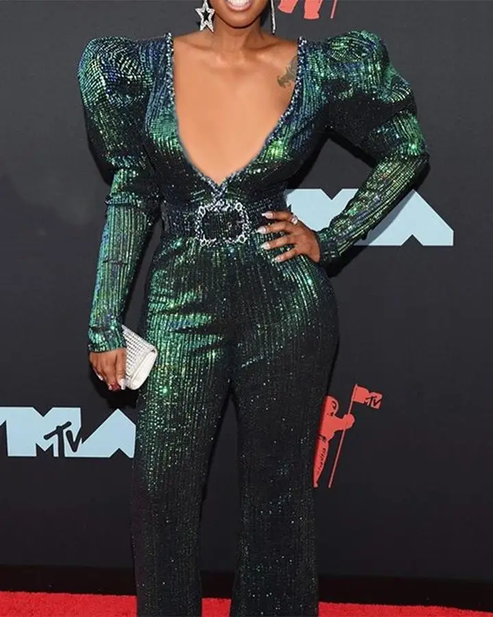 

KALENMOS Rompers Womens Jumpsuit Deep V-neck Lace Up Sequined Party Jumpsuits Lantern Sleeve One Piece Outfit Women Club Outfits