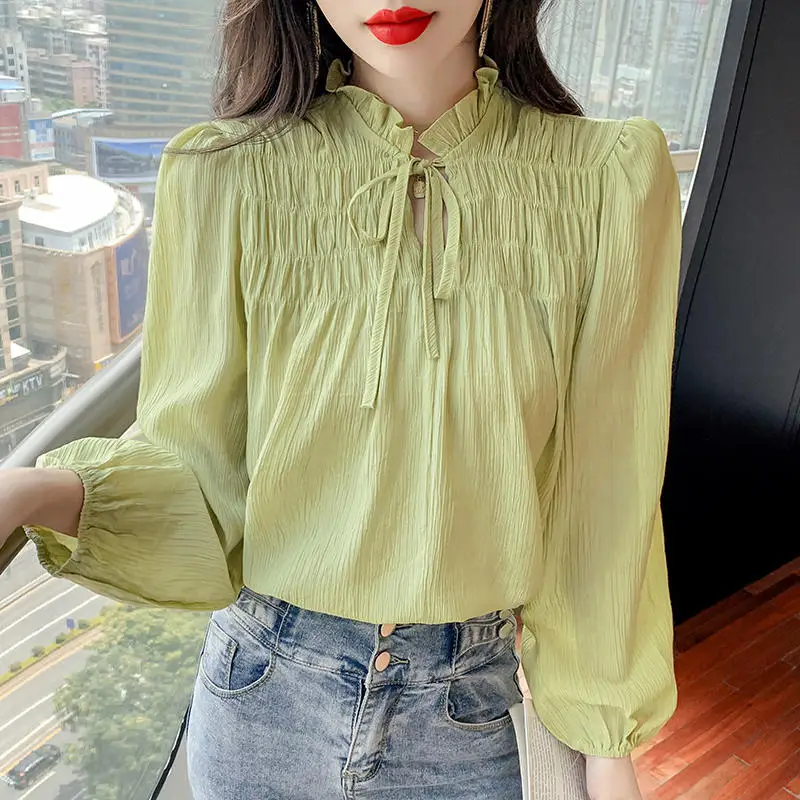 

Блузка женская с длинным рукавом, элегантная белая однотонная рубашка в винтажном стиле, весна-осень, Q4786