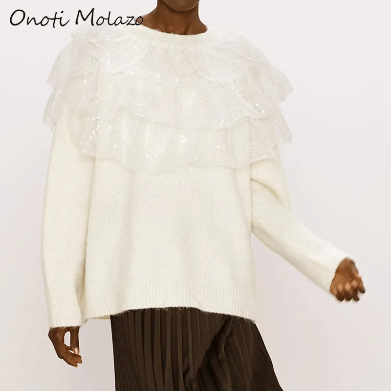 Onoti Molazo Casual Knitted Sweater Pullover Mesh Patchwork Winter Elegant Ladies Chic Pullovers Sweaters Female 2020 Spring New | Женская