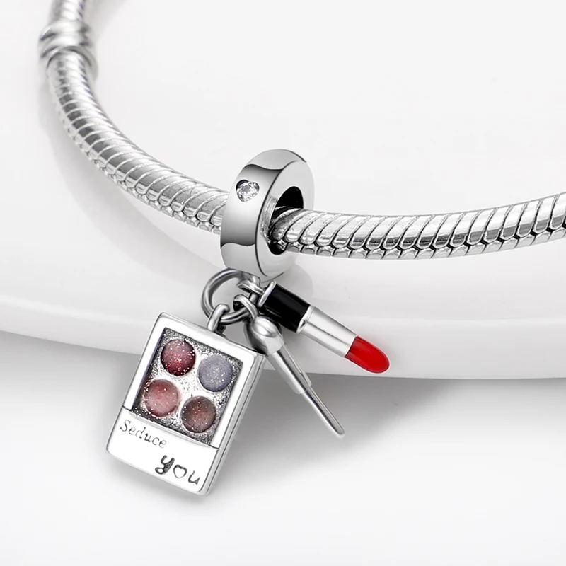 

plata charms of ley 925 Silver Makeup Set Lipstick Charms Fit Original Pandora Bracelet Necklace Women Fashion Fine jewelry Gift