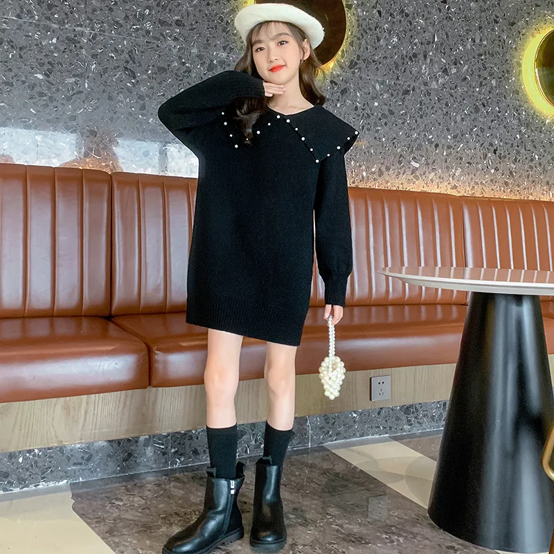

Winter Teens Girls Dresses Knit Clothes Spring Autumn Princess Elegant Kids Dress Beading Peter Pan Collar Sweater White Black
