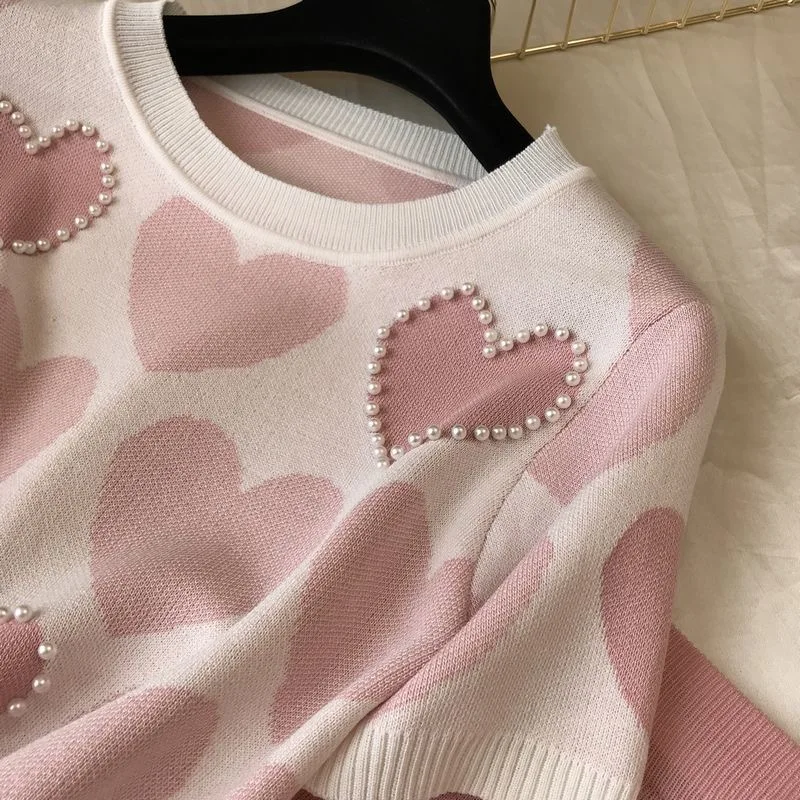 

Women Short Sleeve Beading Sweater Female 2 Peice Set Tops + Pants Suit Korean Summer Love Printed Knitted Pink Casual Tracksuit