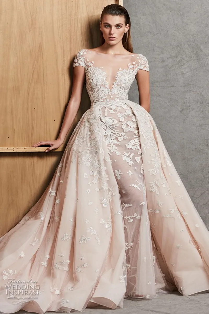 

Champagne robe de mariée Sheer Neck Wedding Dress 2020 Lace Applique Bridal Gowns with Detachable Train vestido de novia