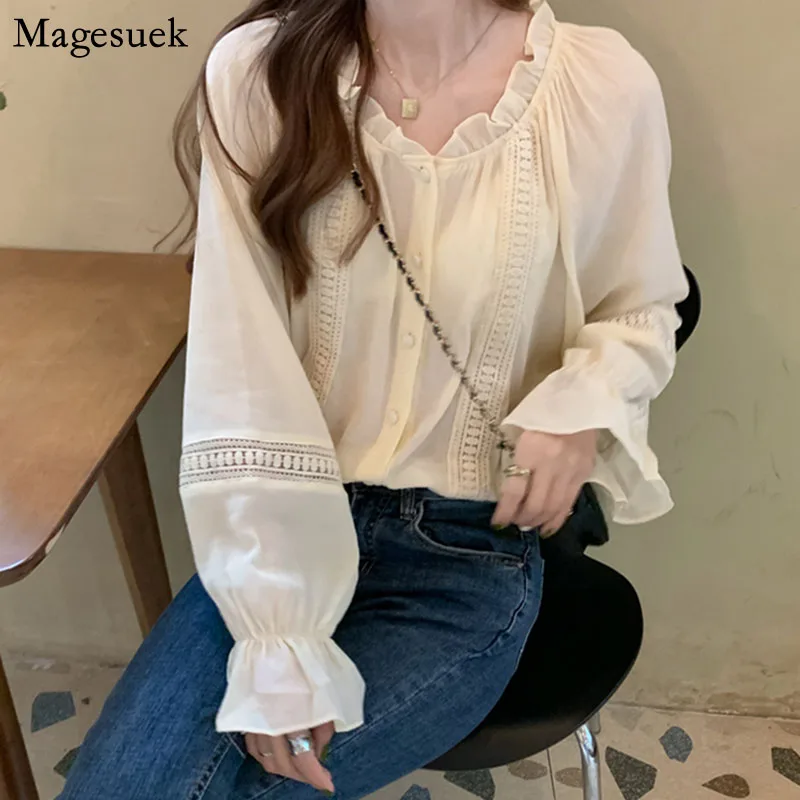 

Elegant Spring Chiffon Shirt Korean New Retro Hollow Out Lace Long Sleeve Blouse Women New Fashion Ruffle Blouse Blusas 14685