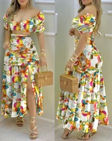 2021 summer fashion holiday floral print o neck crop top shirr slit high waist women maxi skirt sets