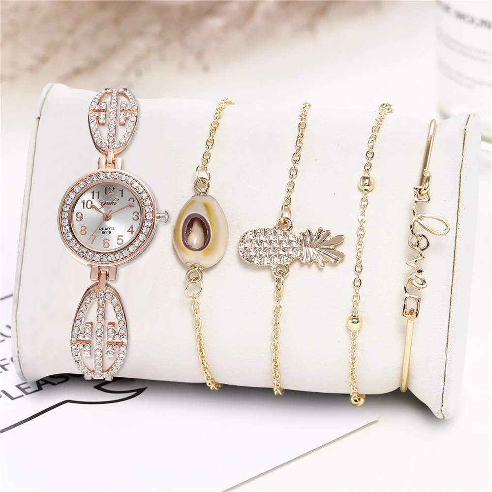 slb09-Rose gold 5 шт./компл. роскошные фирменные женские часы женские золотые часы с пряжкой модные повседневные женские наручные часы со стразами простой браслет набор - Цвет: slb09-Rose gold