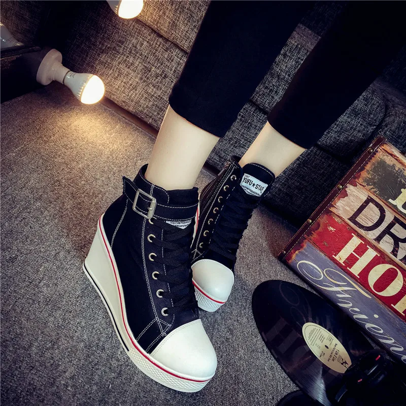 

Canvas Shoes Women Wedges Platform Sneakers 8cm Heels Sports White Shoes Lace Up Solid Color Casual Side Zipper Shoes for Women