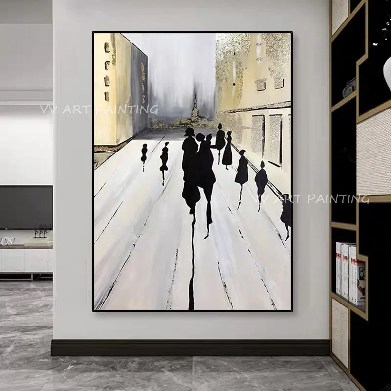 

Городское здание, дорога с людьми, шагающая абстрактная картина маслом большого размера 100% ручная работа, современные настенные картины дл...