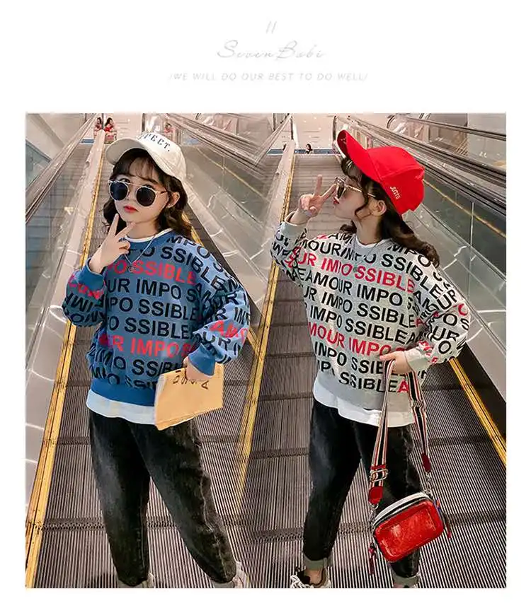 

Children's spring clothes for girls 2020 new children's letter printing fake two long sleeve T-shirt for 2-13 yrs children
