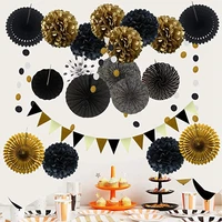 party decoration21 pcs black and gold hanging paper fanspom poms flowersand triple cornered bunting flags for party