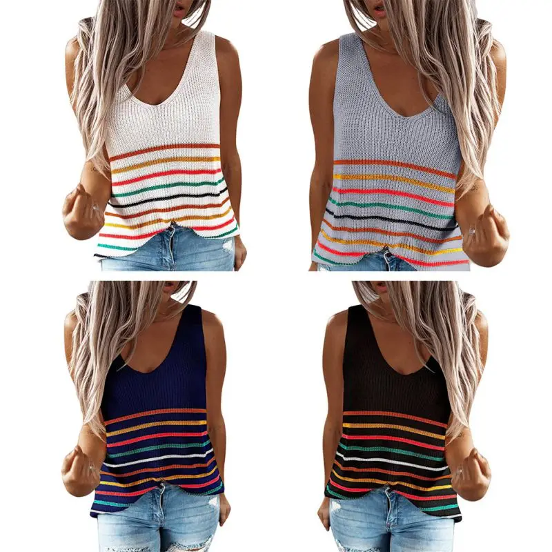 

Summer Women New Sweater Knitting Vest T-Shirt Multicolor Striped Printed V-Collar Sleeveless Set Head Female Shirt Top