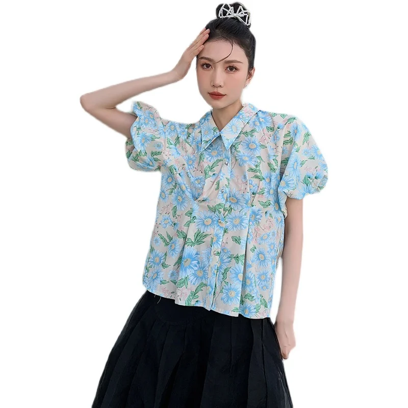

LANMREM 2021 Summer Women Loose Casual Lapel Shirts Puff Sleeve Printing Female Tops Korean Style Fashion New Tide 2P364