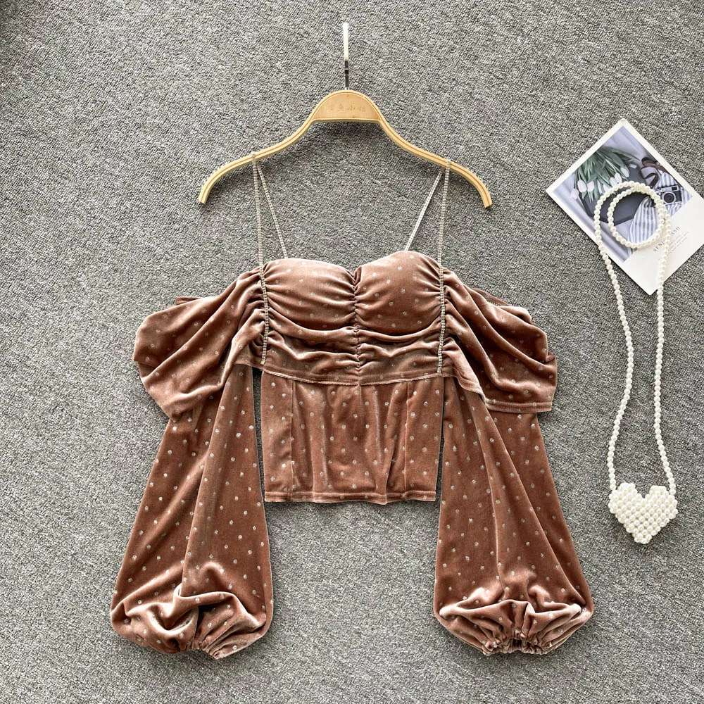 

C327 Women New Fashion Autumn Sweet Sexy Slash Neck Retro Velvet Short Tops Dot Print Blusones De Mujer Shirts Vintage Blouse