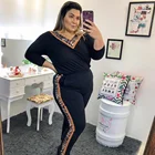 Распродажа, комплект повседневной одежды из двух предметов комплект для женщин осень размера плюс женская спортивный костюм с леопардовой отстрочкой; С v-образным вырезом с длинным рукавом, футболка и штаны, Одежда Комплект D30