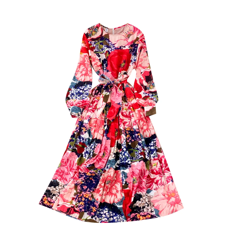 

Spring 2021 European American Vestidos Women's Round Neck Puff Sleeves Lace-up Waist Slimming Fashion Printed Midi Dress C507