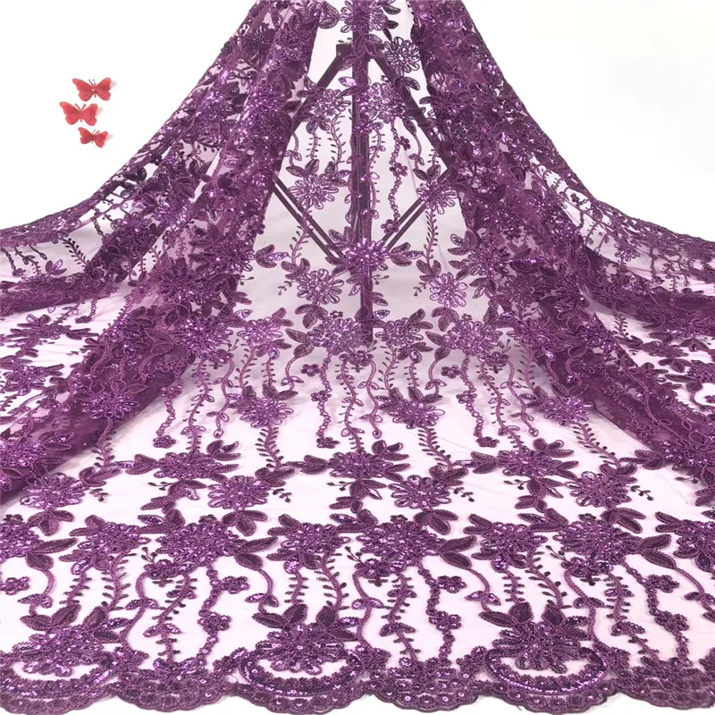 

NaXiu Latest Wholesale French African Ankara Purple Bridal Tulle Polyester Sequin glitter Mesh Lace Fabric by 5 Yards