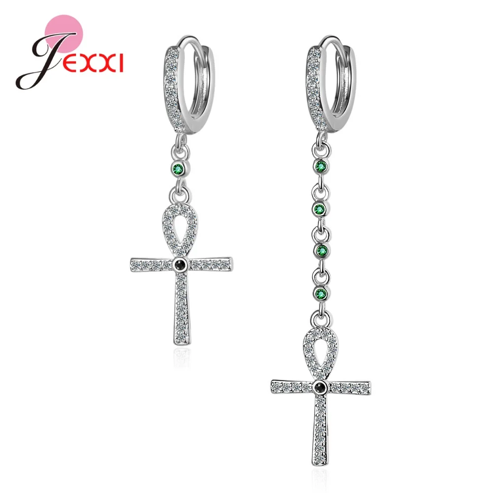 

New Arrivals Authentic 925 Sterling Silver Needle Cross Shape Dangle Earrings Green CZ Earrings For Women Fine Jewelry Bijoux