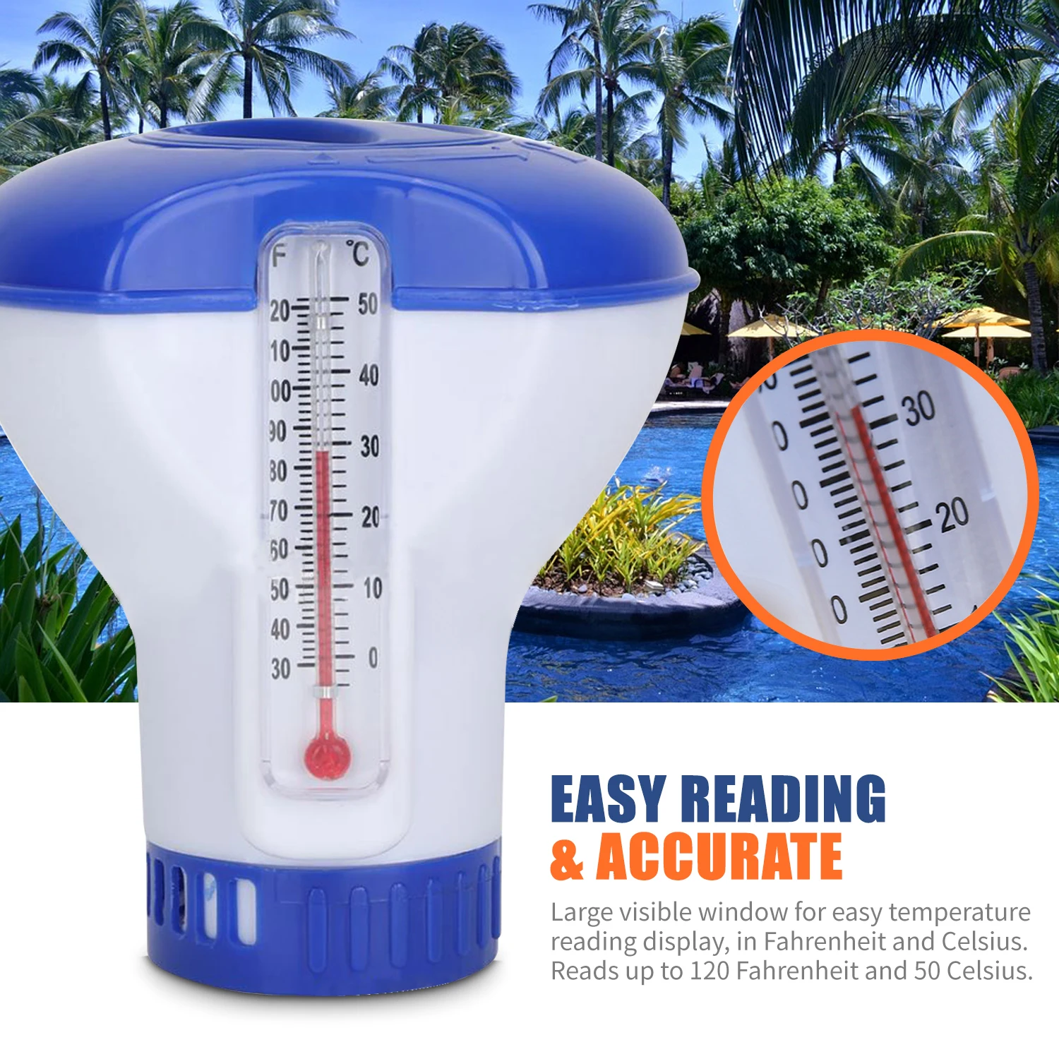 

Pool Chemical Dispenser with Thermometer Floating Chlorine Tablets Dispenser for Outdoor Indoor Swimming Pools Fish Pond