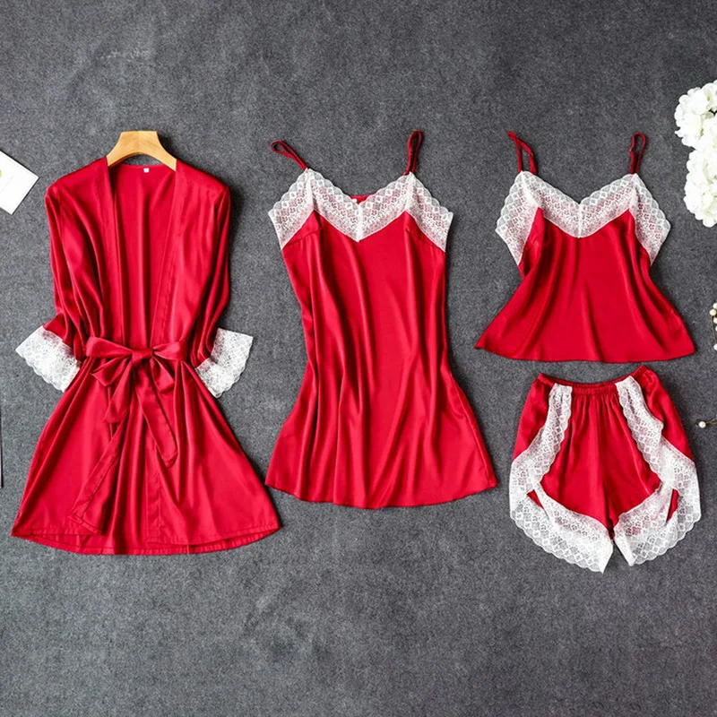 

4PCS Skil Sleepwear Lady Pajamas Suit Nighty&Robe Set Sexy Intimate Lingerie Casual Bridal Wedding Gift Homewear Nightgown