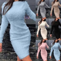 autumn winter plush dress ladies sexy slim dress women round neck solid office wear dress casual chic long sleeve party dresses