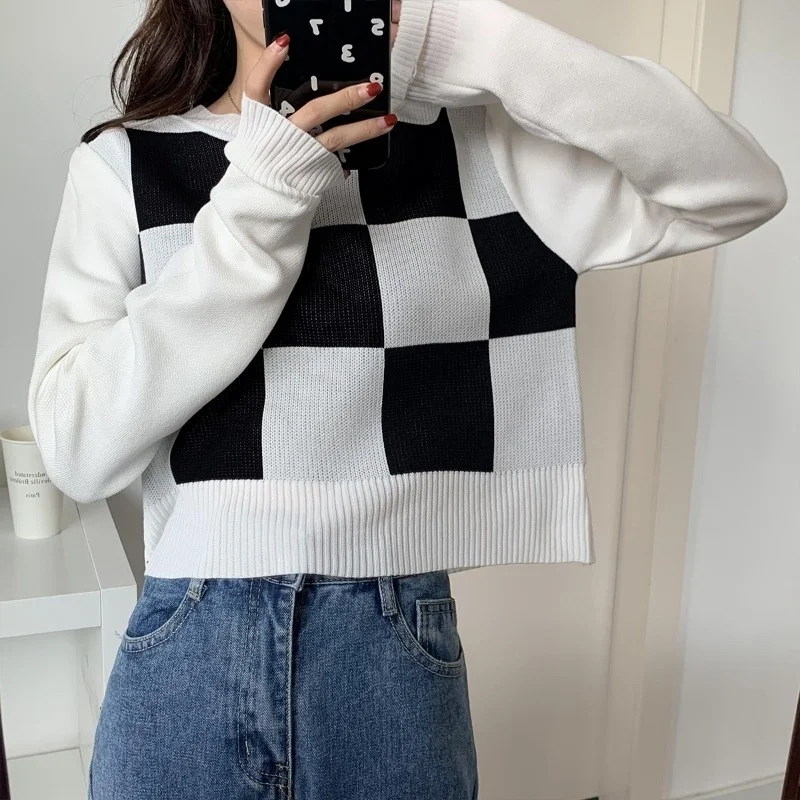 

Early Autumn Lazy Top Women's Knitwear 2021new Chessboard Plaid Retro Japanese Sweater Short Slimming Long Sleeve
