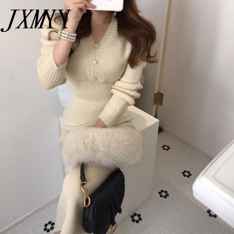 

JXMYY Fashionable V-Neck Inner Knit Bag Hip Dress Women Winter Thick Warm Sweater Skirt Waist Thin Woolen Cloth Skirt