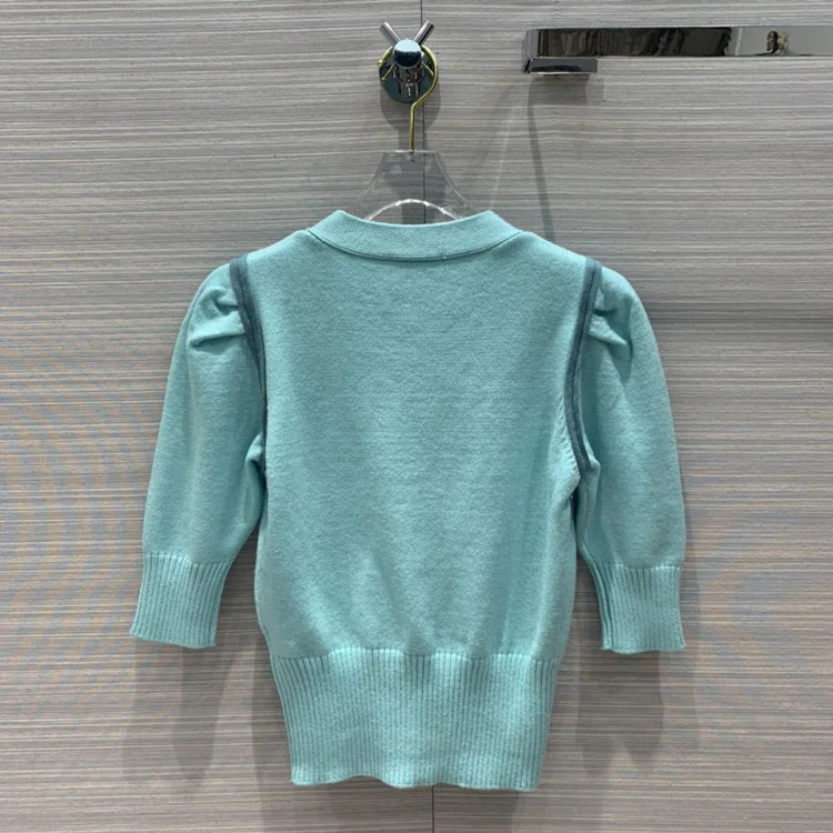 

Sweet Short Cardigans Coat Spring Summer Women Niche Casual Elastic Puff Sleeve V-neck Daisy Embroidered Knitted Tops Coats