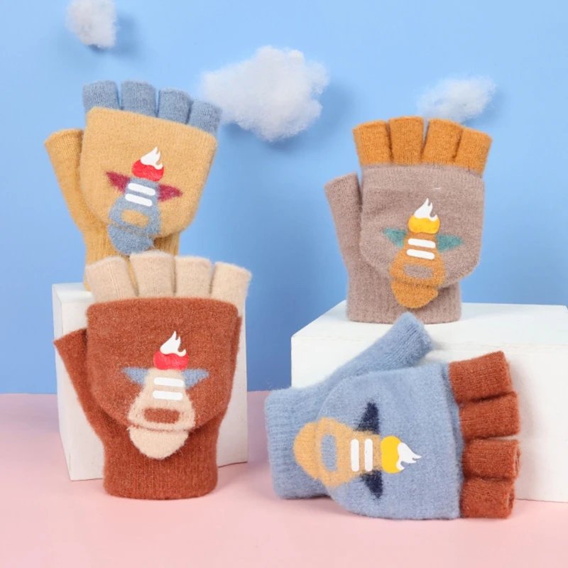 

Winter Knitting Gloves Cute Warm Child Flip Half-Finger Gloves Thicken Outdoor Ski Gloves Cartoon Rocket Element Pattern