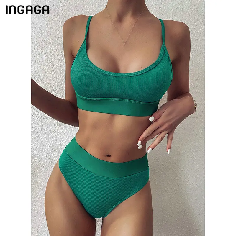 

Ribbed Biquini Strap Swim Bathing Suits Vintage Sexy Backless Tankini Set 2021 Women Push Up Swimsuits Solid Brazilian Bikini