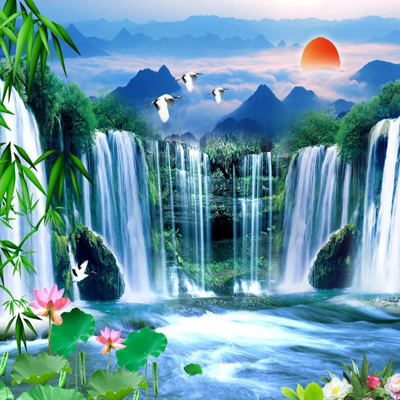 Пользовательские 3D обои водопад бамбук Лотос природа пейзаж Фреска Гостиная