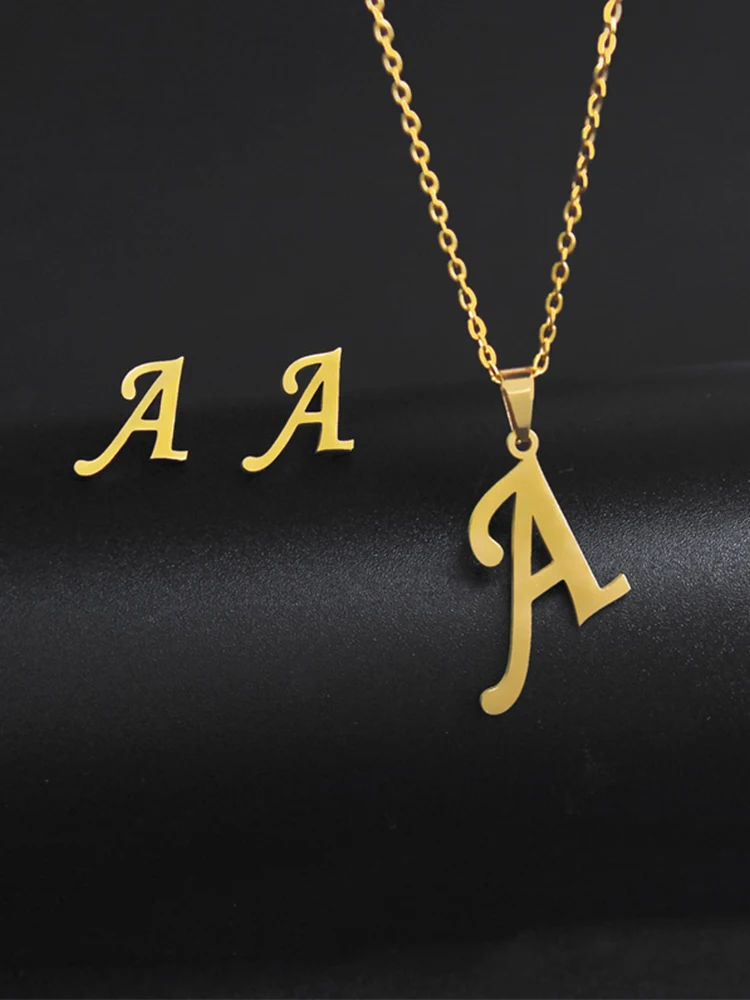 

Fashion Stainless Steel Jewelry Set 26 Letters Chain Necklace Stud Earring Wholesale Gold Color Female Accessories Pendant Gifts
