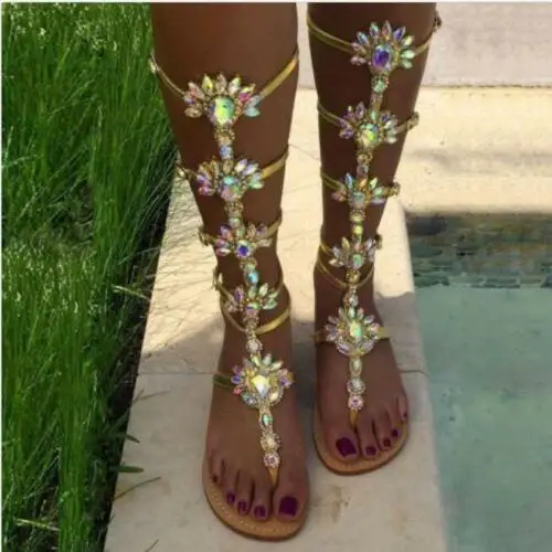 

Plus Size Women's Bohemia Flat Knee High Gladiator Rhinestones Sandals 3 Color Shoes C23