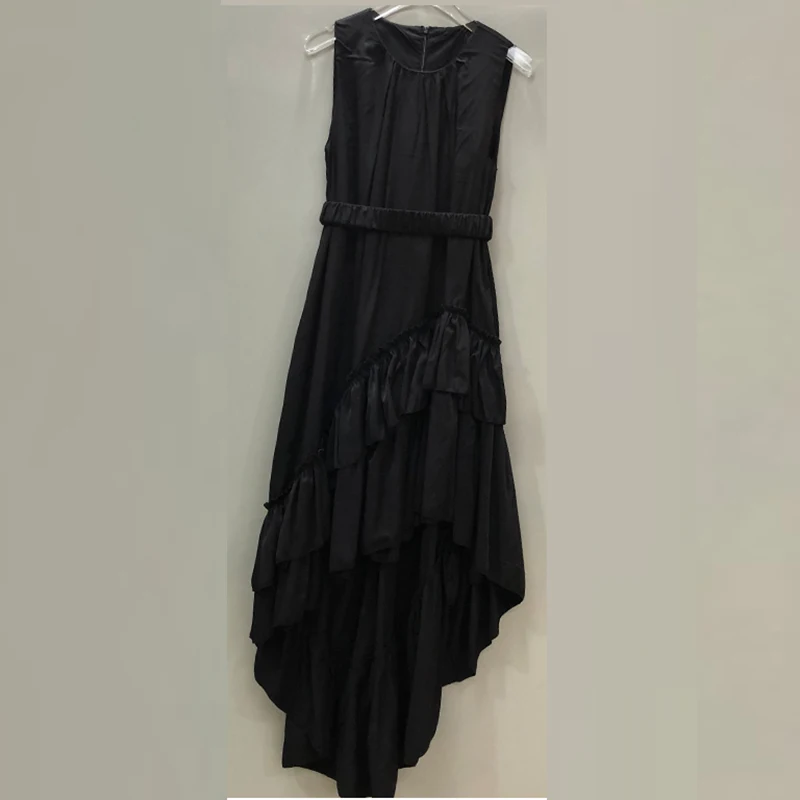 

Solid Color Patchwork Ruffle Dress For Women O Neck Sleeveless High Waist Maxi Dresses Elegant Female New