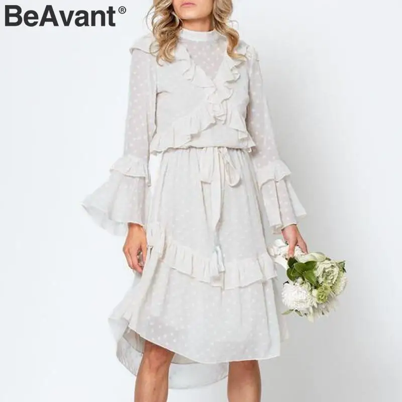 Женское богемное шифоновое платье BeAvant элегантное белое ажурное в горошек мягкое