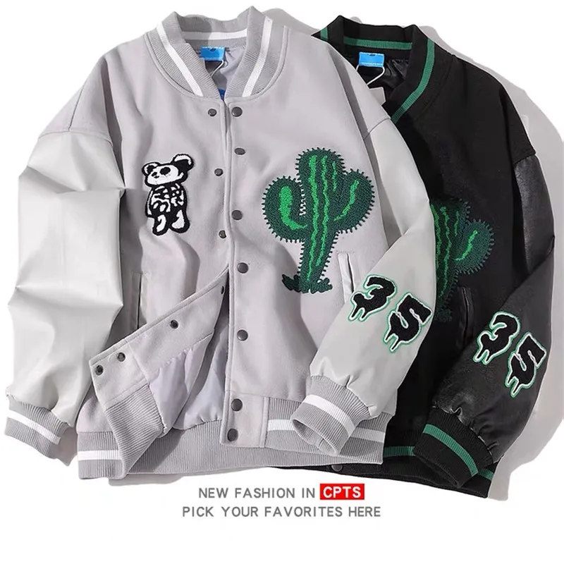 

Men's College Style Bomber Jacket Furry Letter Cactus Embroidery Patch Nice Hip Hop Casual Baseball Coat Patchwork Mens Jacket
