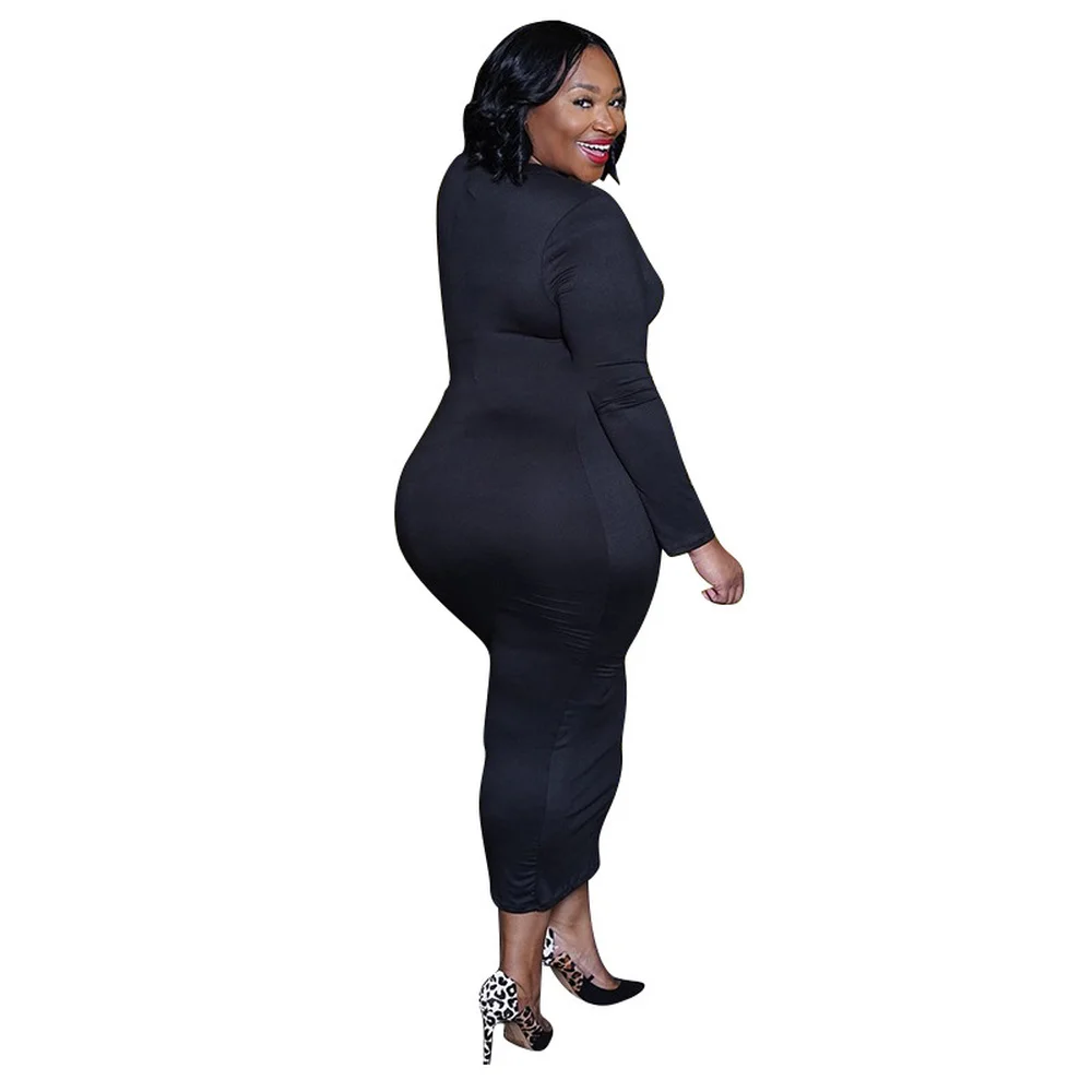 

XL-5XL Plus Size Elegant Slim Mid Calf Dress Women Sexy Black Round Neck Full Sleeve Skinny Dress Vintage Red Ruched Robe Femme